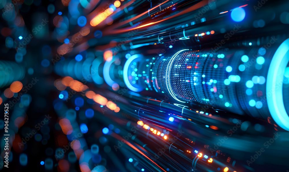 Poster dynamic glowing data cables inside a busy computer server for high-speed information transfer at nig