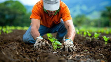 Naklejka premium A man in an orange shirt is planting a seed in the dirt. Concept of hard work and dedication to the task at hand