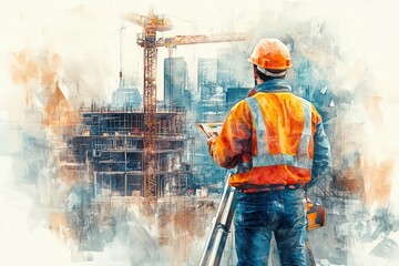 Engineers with hard hats, surveying construction site, modern equipment, watercolor style