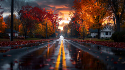 A street with a house in the background and a lot of leaves on the ground. The leaves are wet from the rain