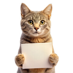 Cute grey cat holding white paper mockup isolated on transparent background