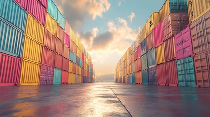 Fototapeta premium Colorful sea cargo containers stacked in dock area for transport and business at blue sky background