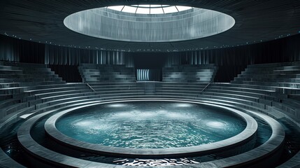 modern circular amphitheater featuring sleek, minimalist design elements. The central focus is a circular pool of water, creating a calming atmosphere.