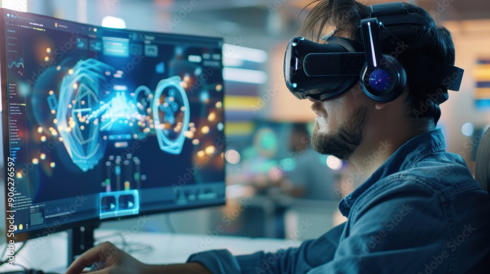 Poster virtual reality development using 3d modeling software, creative and high-tech.