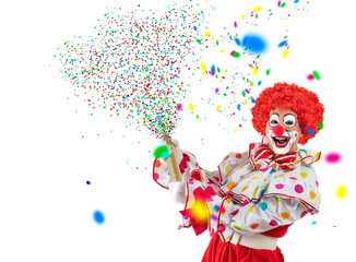 Funny clown pulling carnival cracker. Entertainer Joker in colorful suit and wig.Trickster, jester,...