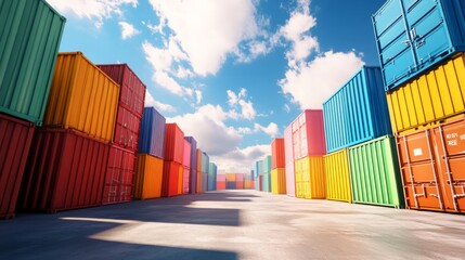 Fototapeta premium Colorful sea cargo containers stacked in dock area for transport and business at blue sky background