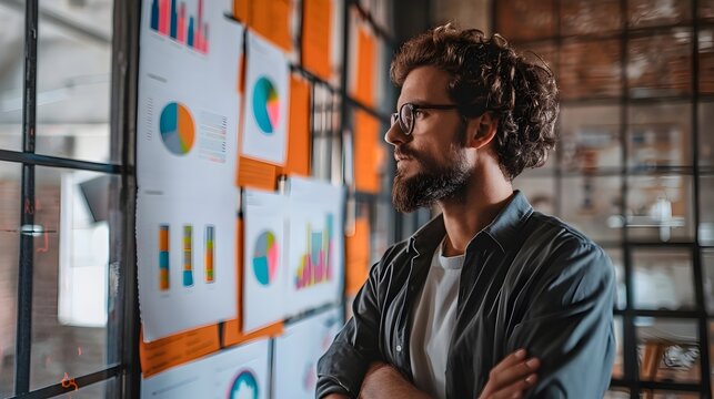 Visionary Business Leader in Creative Workspace Surrounded by Analytics and Brainstorming