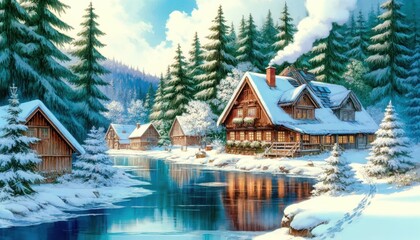 A picturesque scene in Black Forest, with wooden houses, snow-covered pines and frozen lake