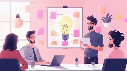 Team leader facilitating a creative ideation workshop, rightaligned, pastel background, high resolution, more clarity with clear light and sharp focus , high detailed ,