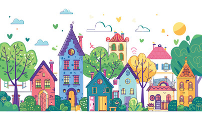 Colorful neighborhood quirky cartoonstyle houses lush green trees. Sun shining brightly over whimsical village, clouds hearts sky. Vibrant town illustration, playful architecture nature harmony
