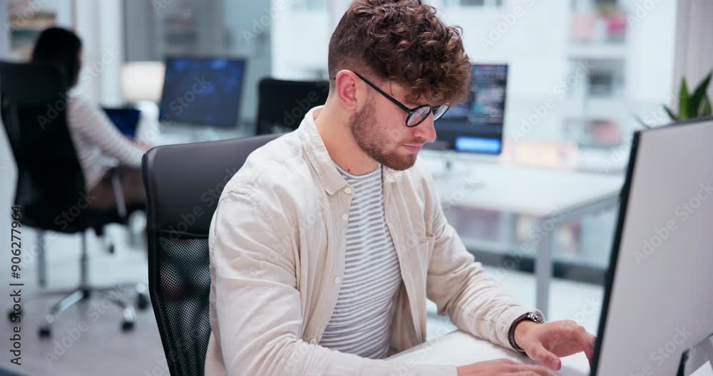 Poster Typing, computer and business man at desk for online report, multimedia design or project proposal. Digital agency, professional and employee with pc for development, networking or email marketing