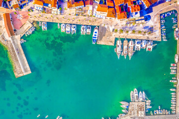 view of the city center and marina in Jelsa town, summer scenery in Croatia, Dalmartia region