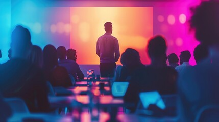 Business workshop with interactive elements, rightaligned, pastel background, high resolution, more clarity with clear light and sharp focus , high detailed ,