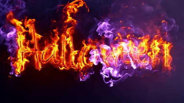 Halloween text in fiery orange and purple flames, spooky festive animation