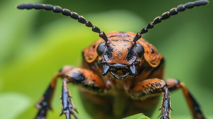 Detailed close-up of a brown and black beetle on a green leaf, showcasing its unique patterns and textures