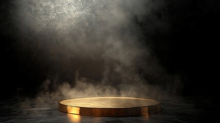Dark background with a golden podium and smoke, highlighting the grandeur and significance of an award ceremony