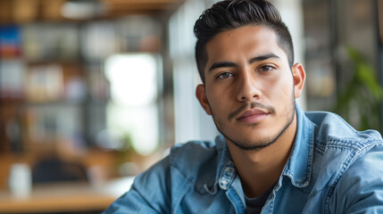 Obraz premium Close-up portrait of a young Hispanic man in a denim shirt