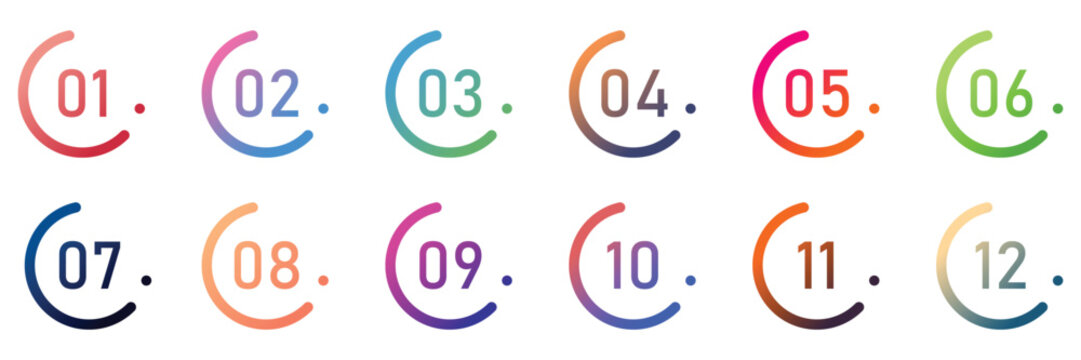 Creative number bullet points from one to twelve isolated on transparent background.