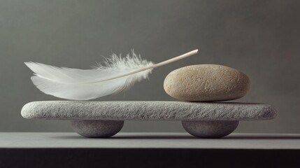 Feather and stone balanced on a scale, representing equilibrium and contrasting weights