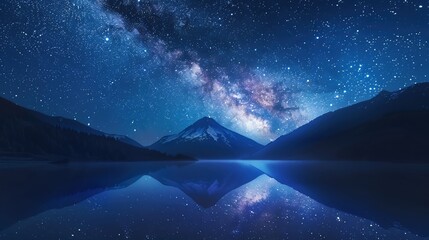 Ultra-high definition stock photo of the Milky Way arching over a serene mountain lake, reflection visible in the water, clear night sky