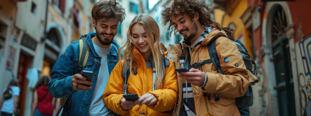 Fototapeta premium group of friends of tourists are looking for sights on the map using their phone on blurred background of the city. Vacation, travel concept. banner