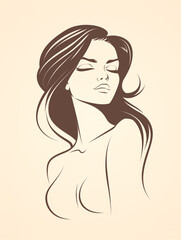 A woman with long hair and a bare chest. She is looking away from the camera. The image is in black and white