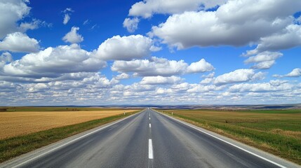 Fototapeta premium Open highway road under a vast sky of clouds, symbolizing travel and exploration