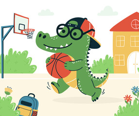 Cartoon crocodile playing basketball on a playground, wearing glasses and a cap.