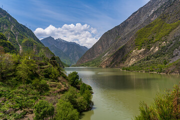 Diexi Lake in Sichuan, China - a landslide-created lake at the foot of Minshan Mountain and upper...