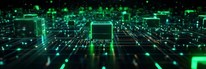 Abstract background with green glowing lines and cubes on a dark background
