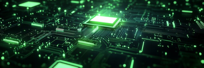 Abstract background with green glowing lines and cubes on a dark background