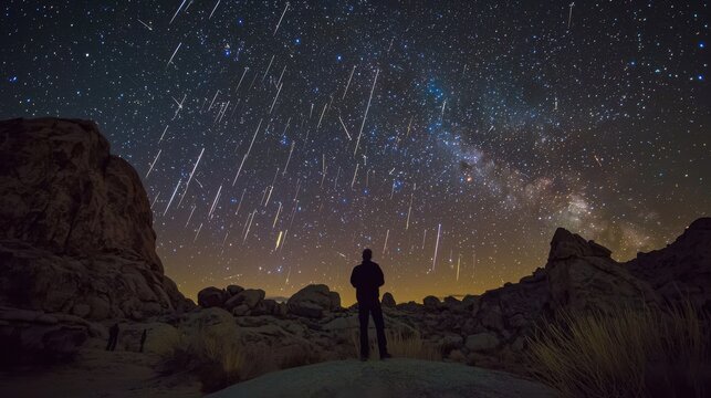 A high-resolution digital camera with motion detection capturing a meteor shower, emphasizing the stunning beauty of the event with advanced technology 