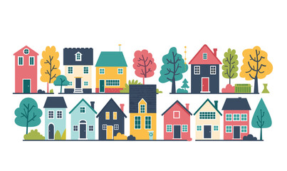Colorful suburban homes flat design style featuring various trees houses different sizes colors. Urban neighborhood panorama residential buildings, lush foliage, vibrant colors. Cartoon residential