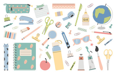 Big set of school supplies. Back to school stickers. Cute office supplies hand drawn. Knowledge for all. Vector illustration in a flat style. 