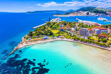 view of bay and coast in Adriatic Sea, Split town, Bacvice region, Croatia.