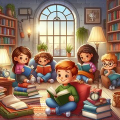 Fototapeta premium Kids reading a book after Back to School