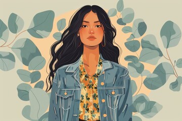 Chinese minimalism illustration, portrait of an Indian woman with wavy black hair wearing a contemporary denim jacket over a patterned boho blouse, flat illustration 