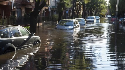 A city street with deep floodwaters and stranded cars