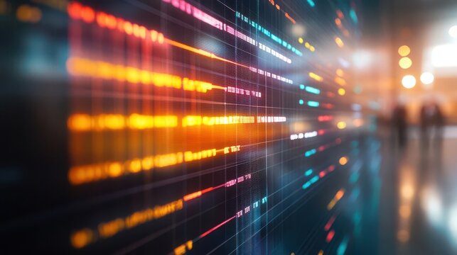 A dynamic visualization of data streams with colorful lines and codes displayed on a digital screen. The essence of modern technology and data processing in a sleek, high-tech environment.