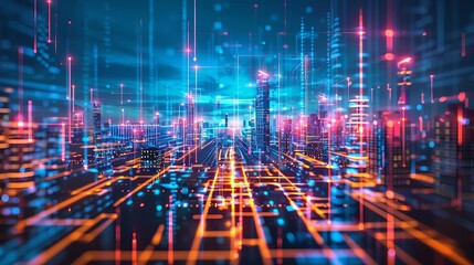Fototapeta premium A futuristic cityscape with neon lights and digital lines, representing advanced technology