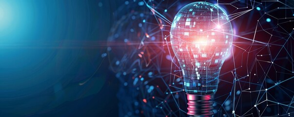 A futuristic lightbulb emitting digital light, representing AI