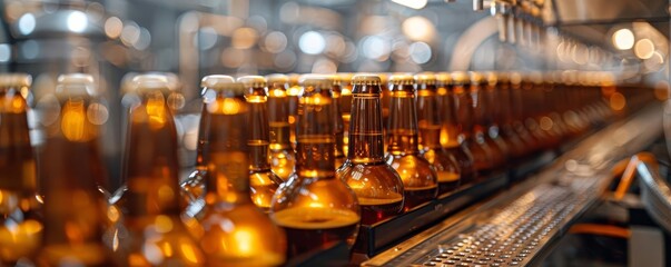 Rows of beer bottles being capped on a production line, with a shallow depth of field highlighting the capping process