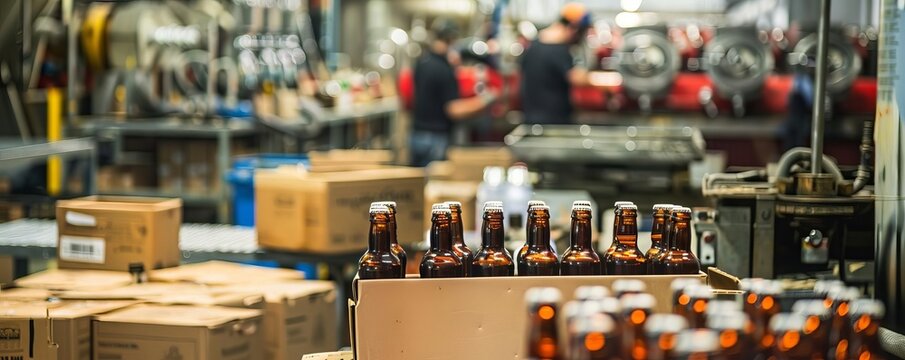 Beer bottles being boxed up for distribution in a busy brewery, with machinery and workers in the background