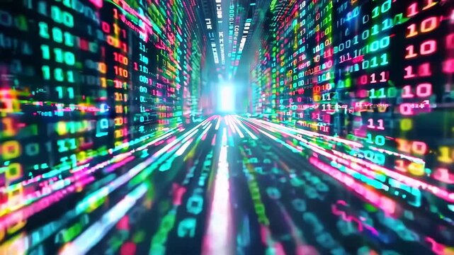 Digital data stream with glowing numbers, futuristic technology concept