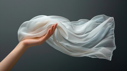 White silk scarf in womans hand floating on the wind on dark grey background Lifestyle Perfect for creating mockup for your own textile design or seamless pattern : Generative AI