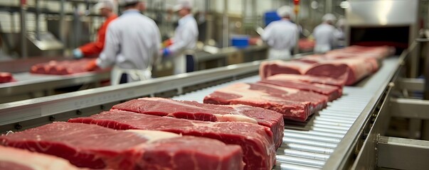 A conveyor belt in a meat processing plant moving slabs of red meat towards packaging, with workers in the background