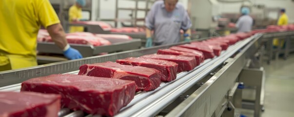 A conveyor belt in a meat processing plant moving slabs of red meat towards packaging, with workers in the background