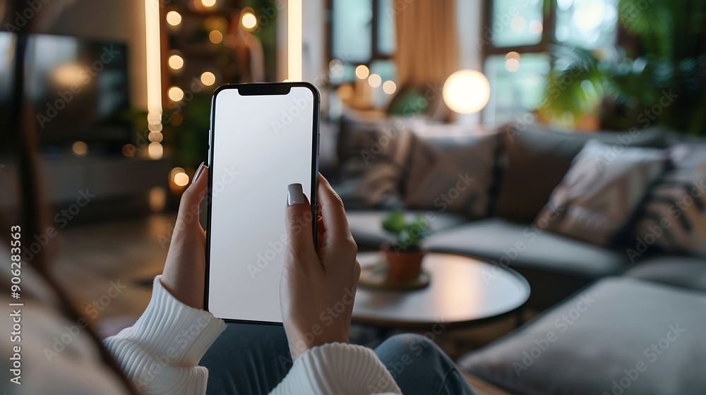 Poster mockup image of a woman holding and using mobile phone with blank desktop white screen at home : gen