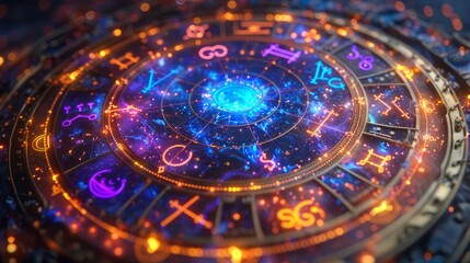 Concept of astrology and horoscope, person inside a zodiac sign wheel, Astrological zodiac signs inside of horoscope circle, Astrology, knowledge of stars in the sky, power of the universe concept.