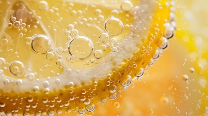 Closeup slice of lemon in mineral water. Macro photo. The concept of vitamin C, lemonade, summer citrus drinks.